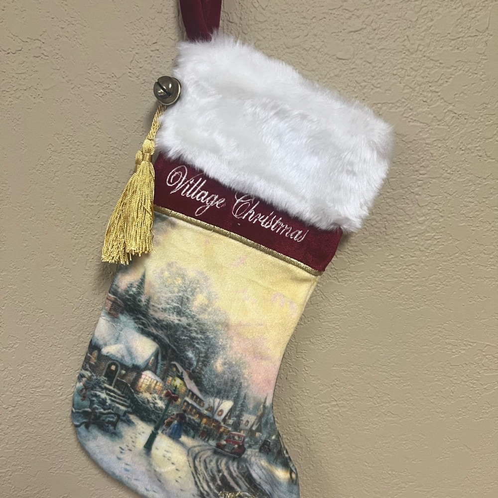Thomas Kinkade Village Christmas stocking new from 2005